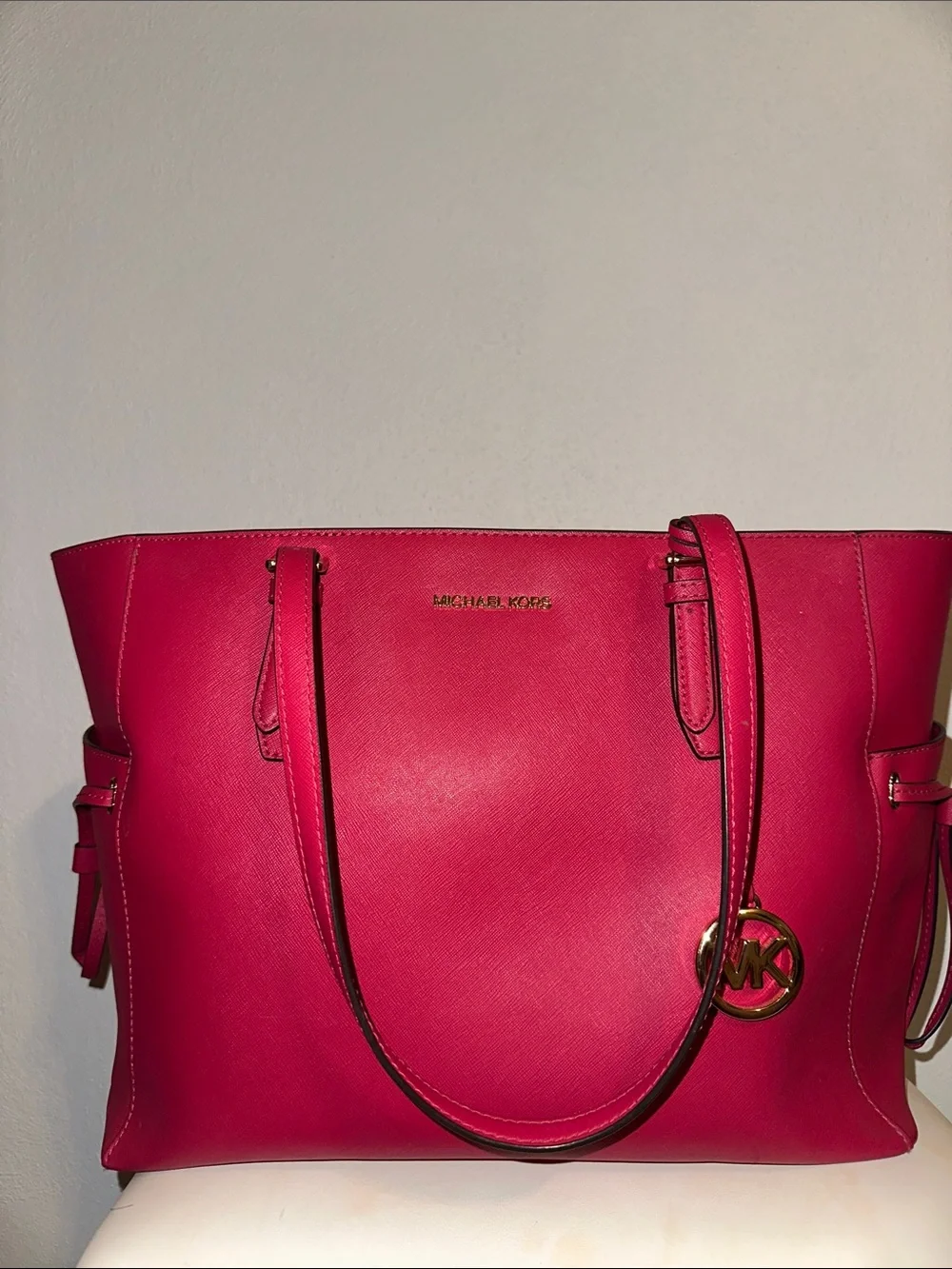 Michael Kors Fuchsia Saffiano Leather Tote with MK Disc Charm